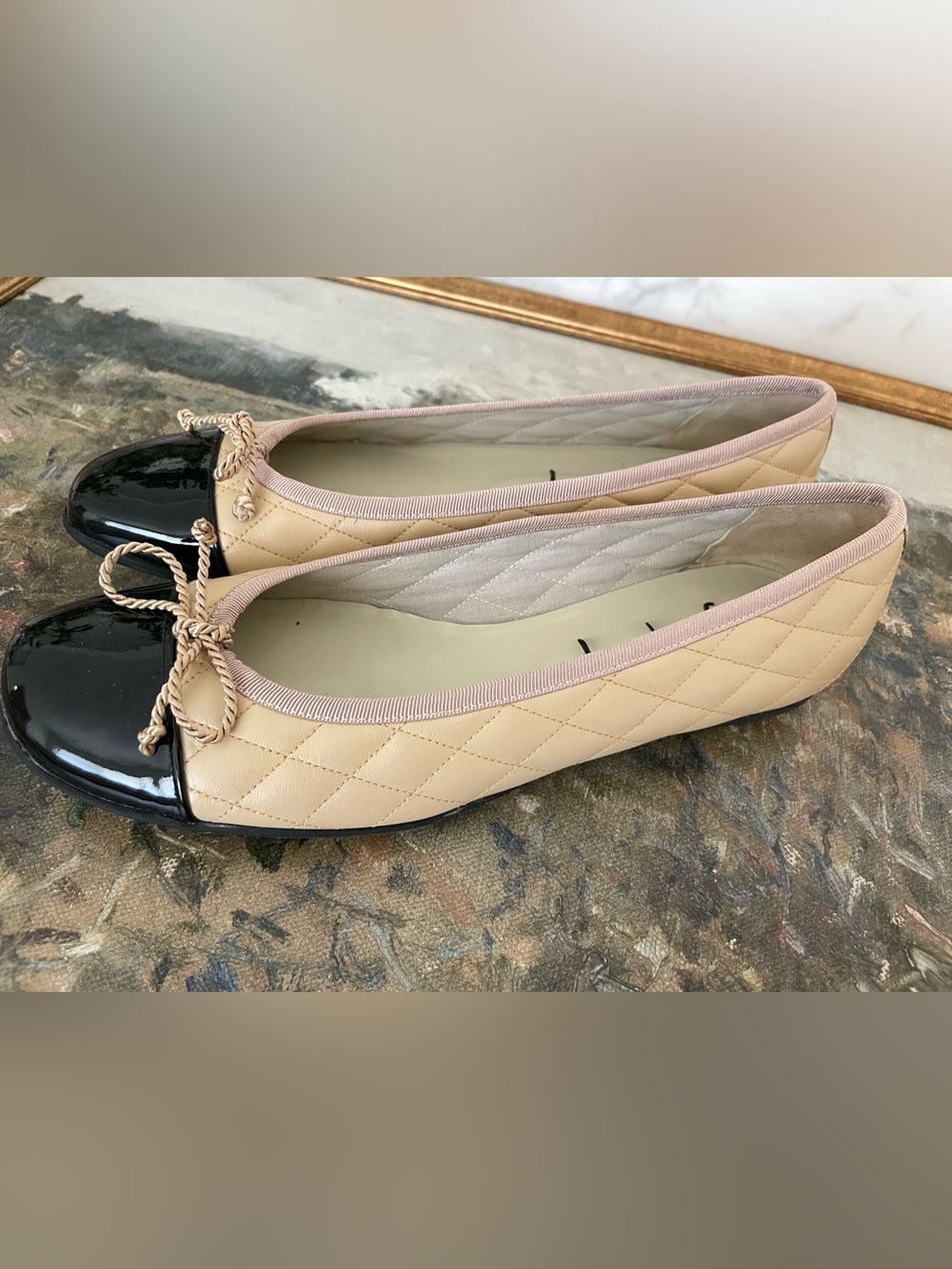 French Sole FS‎ / NY Ballet Flats Size 6.5 Beige Black Cap Toe - Picture 4 of 9
